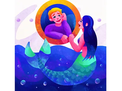 Meeting mermaid! Children illustration art beautiful bright bubble character children color creative design drawing girl graphic design illustration love man mermay people procreate sea window