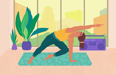 Yoga time art character cityscape flat flat illustration guy handsome hipster illustration plants room vector yoga yoga pose