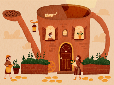 Watering can house ilustration orange plantwater