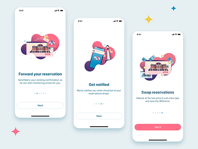 Ask Marty - How it works app design guided holiday hotels intro minimal mobile monitoring onboarding slideshow ui ux walkthrough