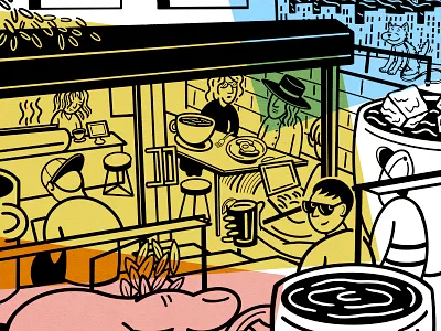 Sweatshop Coffee buildings coffee coffee cup coffeeshop coffeesketch editorial illustration illustration linework nyc procreate