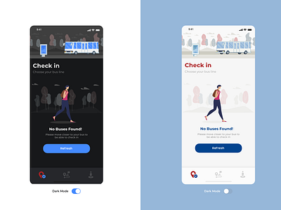 Empty State Dark Mood vs Light Mood bus app check in commute dark dark app dark mode dark theme dark ui design empty state illustration light not found travel ui ux