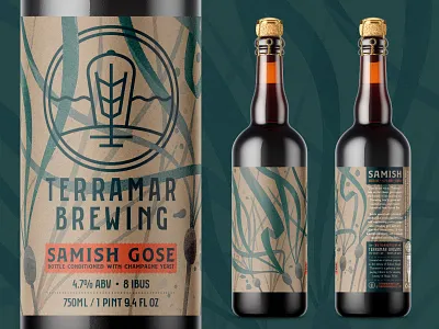 Terramar Samish Gose 750 alcohol ale beer bottle brewery brewing gose ilustration kelp label packaging pnw procreate seaweed washington watercolor