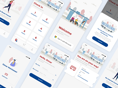 Bus Check in App app blue bus app bus stop check in design empty state illustration ios minimal mobile red ride sign in ticket travel ui ux vector