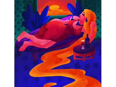 Gorgeous woman illustration atmosphere children color concept creative design flat girl graphic design hair illustration illustrator jewelry luxury plant procreate romantic sexy sun wine