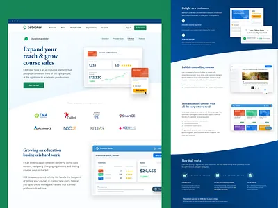 Ce Broker Provider LMS overview builder ce broker clean healthcare homepage icons illustrations landing page license lms marketing website ui ux web design web design agency