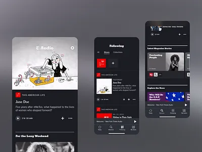 Audio/Podcast App app app design audio audio player collections content dark mode design fascinating people favorite shows listening listening library magazine stories mobile app design podcast shows this american life ui design user interface uxui