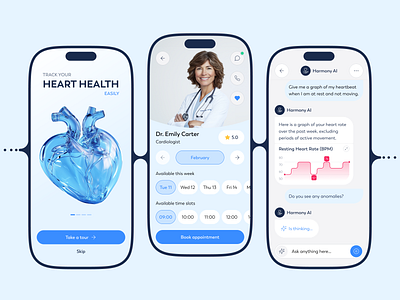 Heart Health Monitoring App – AI-Powered Cardio Care ai ai assistant analytics app application appointment booking artificial intelligence cardiologist health healthcare app heart health interface medical ui mobile mobile app product design ui design uiux ux design wellness tracking