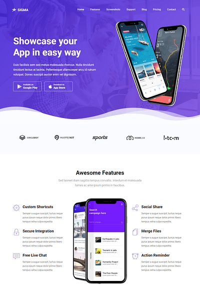 Sigma - App Landing Page Template ajax android app creative flashblue ios landing mobile page showcase sigma store