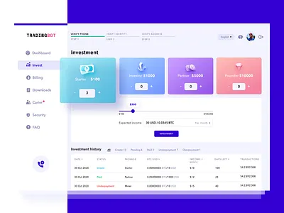 Trading bot Investment blockchain crypto currency crypto wallet dashboard deposit interface investment personal area services trading platform ui user experience user interface design ux