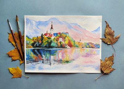 Landscape watercolor architecture beautiful landscape freehand drawing lake picture scenery sight watercolor