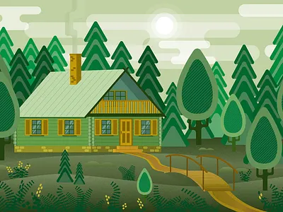 Wooden hut in the forest illustration building estate grass green home house illustration landscape nature sky tree