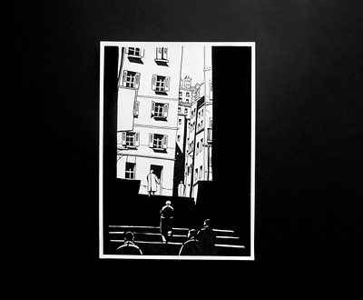 Sunny street. Graphic arts architecture black and white drawing city graphic arts markers picture street sunny day