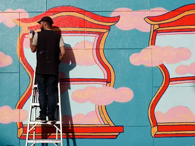 Lasso Pizza Mural buildings clouds illustration mindows mural muralart nyc wall painting