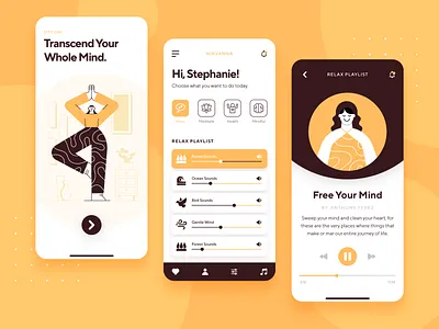 Meditation & Mindfulness UI/UX App 2d business character exercise flat health icon illustration interaction meditation meditation app mindfulness mobile onboarding orange relax startup ui ux yoga