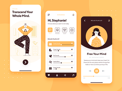 Meditation & Mindfulness UI/UX App 2d business character exercise flat health icon illustration interaction meditation meditation app mindfulness mobile onboarding orange relax startup ui ux yoga