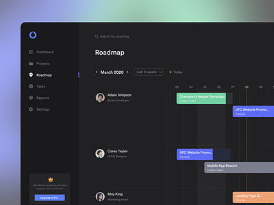 Roadmap 2020 app calendar cards clean dark mode dashboard design minimal planning product project project managment roadmap schedule team trending ui ux