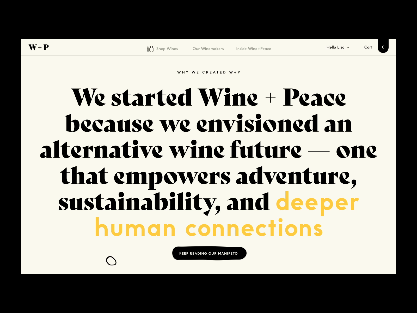 Example of Wine + Peace™ ·  Manifesto and Footer Homepage