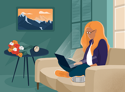 Illustration for the article The advantages of streaming via VPN article calm character cinema concept design flat girl home icon illustraion modern netflix quarantine simple stayhome streaming tv video watch