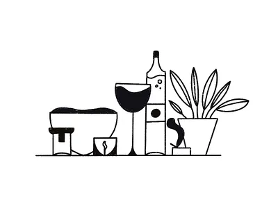 Friday Night blackandwhite hand drawn illustration line plants procreate wine