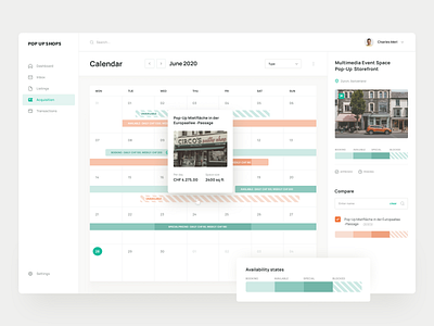 Rental calendar app availability booking boutique calendar clean design interface landlord minimal platform property rental retail space shop ui ux web website