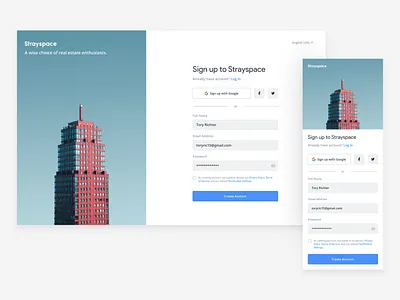 Strayspace - Sign up clean concept design flat icon interface minimalism real estate responsive sign up simplicity sleek typography ui ux web design