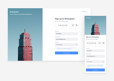 Strayspace - Sign up clean concept design flat icon interface minimalism real estate responsive sign up simplicity sleek typography ui ux web design