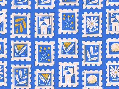 Floral stamps Pattern city clippingart envelope flatdesign flower girl icons illustration mail pattern procreate royal blue stamp stamp design stickers texture vector