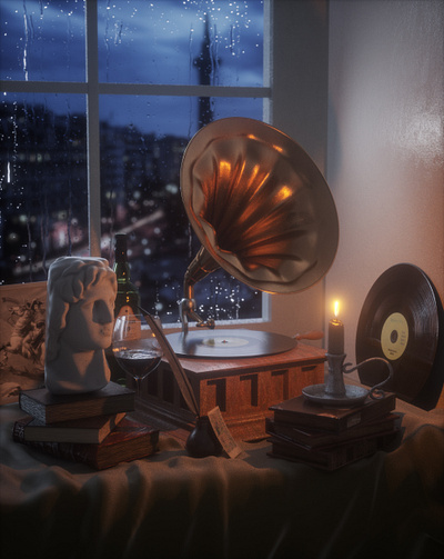 indoor 3d c4d cinema4d design happy illustration london music night octane rain record red wine