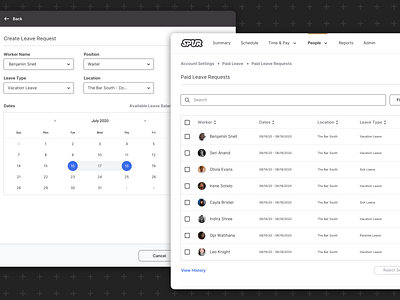 Spur Web App - Paid Leave Management calendar dropdown hr hr software hrms managment paid leave payroll people management selection sick leave vacation wizard