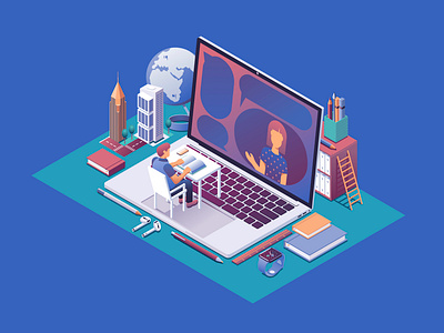 Online learning abstract character education educational illustration illustrator isometric laptop man vector