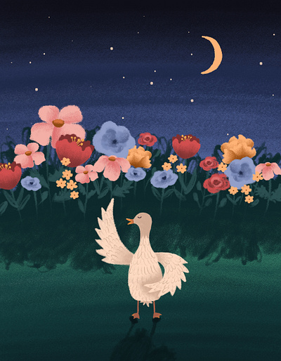 Cozy evening of Molly the duck. Night dance adobe photoshop art bird character dance digital art digital illustration drawing duck fantasy flowers green illustraion night summer