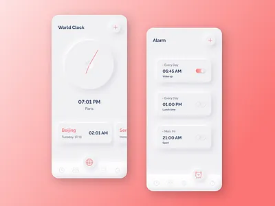 Neumorphic Clock App alarm alarm app alarm clock alarmclock alarms app app design clean clock clock app design neumorph neumorphic neumorphic design neumorphism ui ux ux design uxui