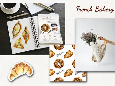 "French Bakery" watercolor set art bakery doodle food hand painted illustration sketch sweet tasty watercolor