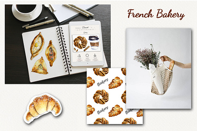 "French Bakery" watercolor set art bakery doodle food hand painted illustration sketch sweet tasty watercolor