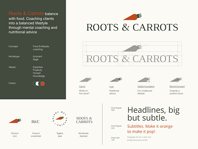 Roots & carrots | Logo system archetypes beige branding branding design carrots design diet food fork green illustration lifestyle logo logo symbol logo system logodesign logotype orange roots typography