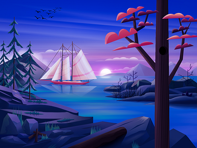 Start sailing adventure boat environment evening illustration lake landscape illustration magazine cover morning mountain nft ocean package sailboat sea travel vector wallpaper web website