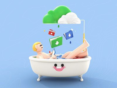 Downloading Files 3d 3d art 3d artist character character design cloud clouds colors colours document download drive google google design illustration art kawaii art shower water watercolor web design