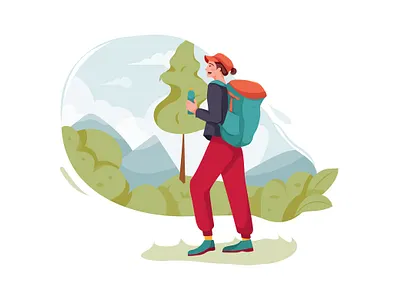 Girl with backpack going for trekking active activity adventure bonfire camp campfire campsite children countryside family fire summer tent tourism tourist travel trekking trip vacation vector