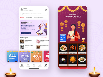 Zomato Pandal design diya dribbble dribbble best shot dribbble invite durga pooja festival festive food delivery app humanizing india mobile navratri user experience user interface zomato