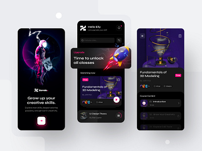 Zondo. — Education Platform Mobile App 3d app class courses dark ui e learning education graphic design learning minimal school space students study ui ux