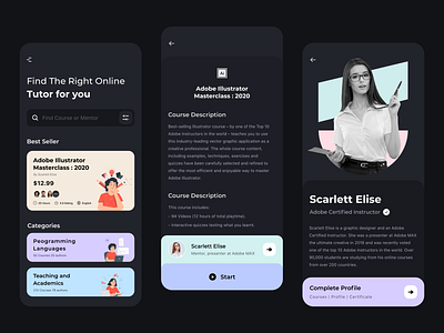 Educational Mobile App (Dark Mode) app app design course app dark dark app e learning education education app education website educational figma illustration learning learning app mentor minimal online class online courses online learning teach