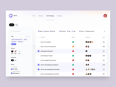 Omni Dashboard - Card Manager - v3 admin dashboard analytics card list cards chrome chrome extension knowledge base list management members statistics stats status table ui uiux user list user table users ux