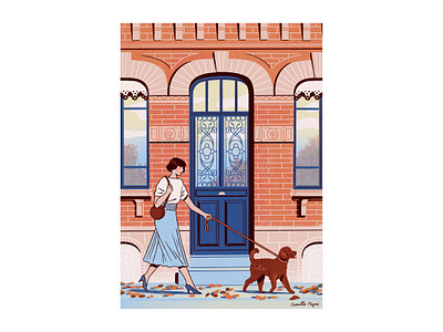 Violette architecture autumn autumn leaves blue bricks building dog door elegant france girl house illustration leash neoclassical poodle street toulouse walk woman