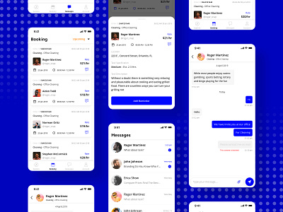 Essentials Services App app blue booking chat design flat icon minimal task task list typography ui ux vector