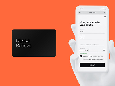 Create profile / OVOU Smart Business Card with hand and mobile business card card create account hand minimal mobile mobile app mobile ui oragne ovou profile responsive share smartphone ui uxdesign web webdesign