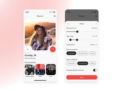 Music Match Dating App app design black color palette datingapp design design challenge figma filters grateful dead mobile app mobile ui music phish profile red ui user profile ux ux design white