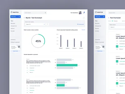 Examica Results answer chart charts class dashboad design exam moderation pie chart points process pts quiz result summary table tablet ui