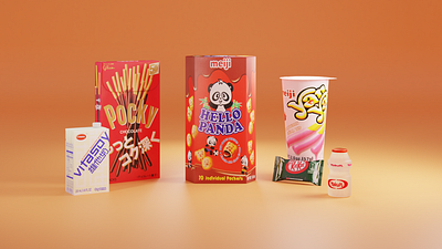 Snacks from Asia 3d 3d art 3d illustration 3d render asian food b3d blender blender3d digital art digital illustration food food art hello panda junk food kitkat pocky vitasoy yakult yanyan