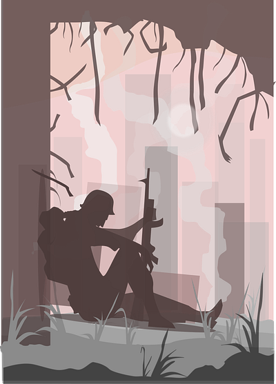 Retire soldier black building damage dark side light red lineart peace silhoutte soldier war webdesign